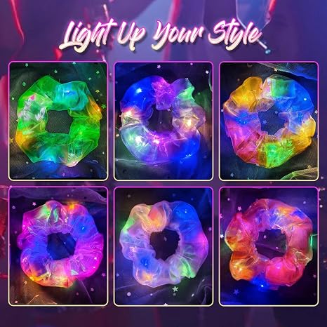 6-Piece Mermaid LED Light-Up Scrunchies, 3 Glow Modes, Colorful Glowing Hair Accessories for Parties, Festivals & Raves